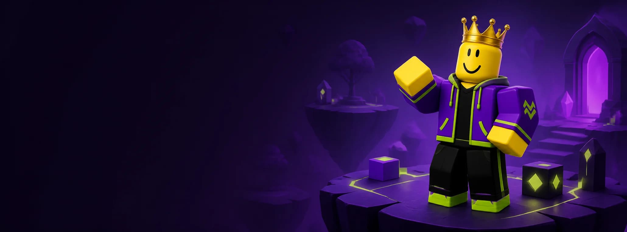 Avatar Roblox com coroa e jaqueta roxa em um universo de jogos